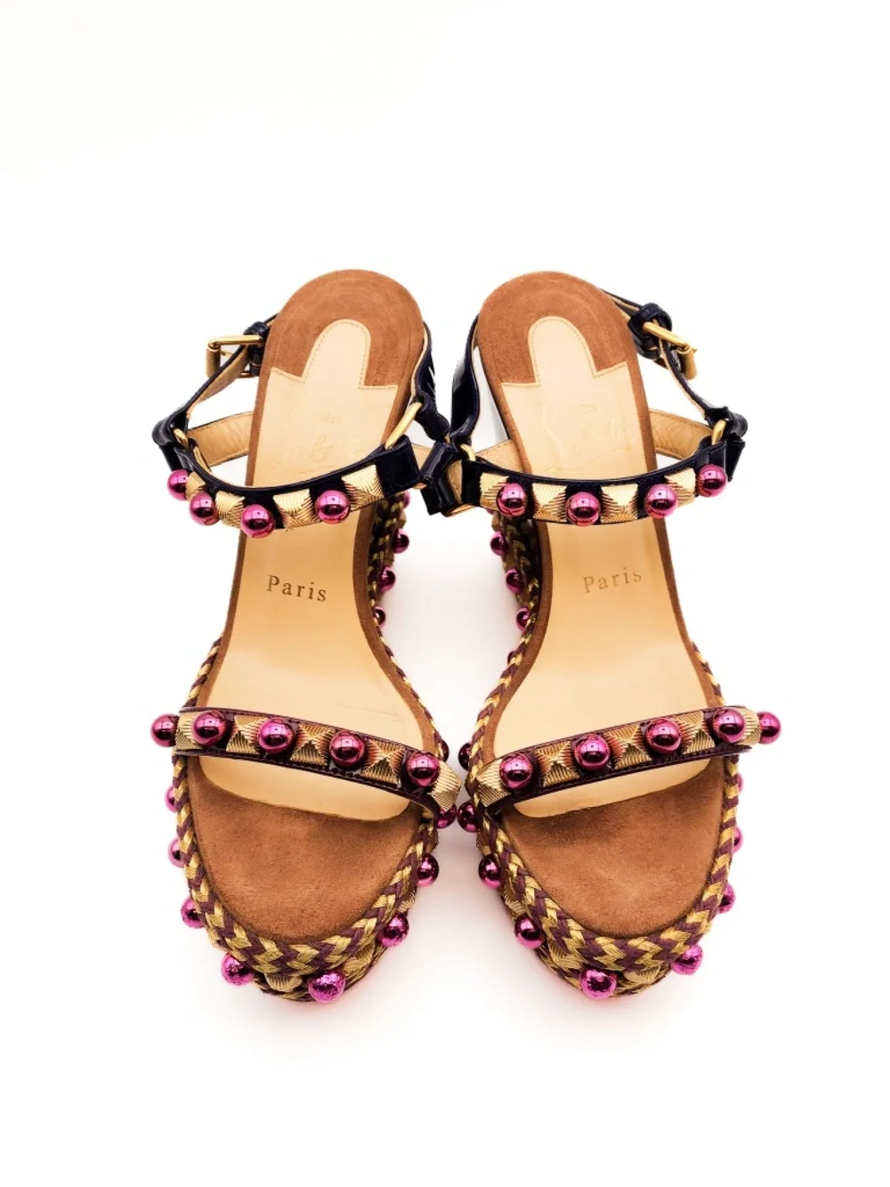 Christian Louboutin Burgundy Brown Studded Wedge Platform Sandals EU 37
